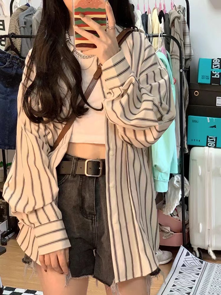 條紋長袖薄款chic港味設計感小眾防曬襯衫女寬鬆春秋外搭襯衣外套