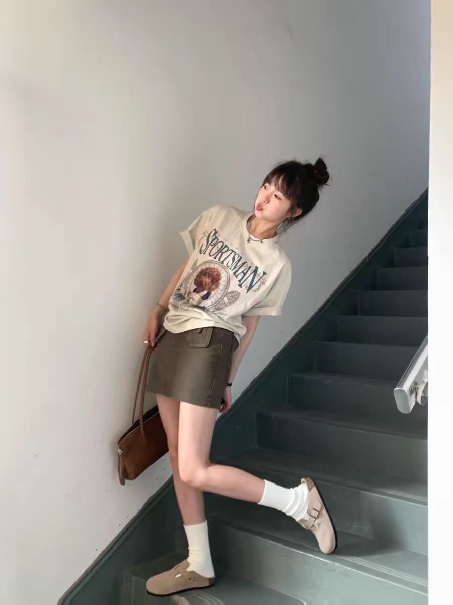 200g combed compact offspun pure cotton back strip Spring and summer loose right shoulder printed short-sleeved T-shirt