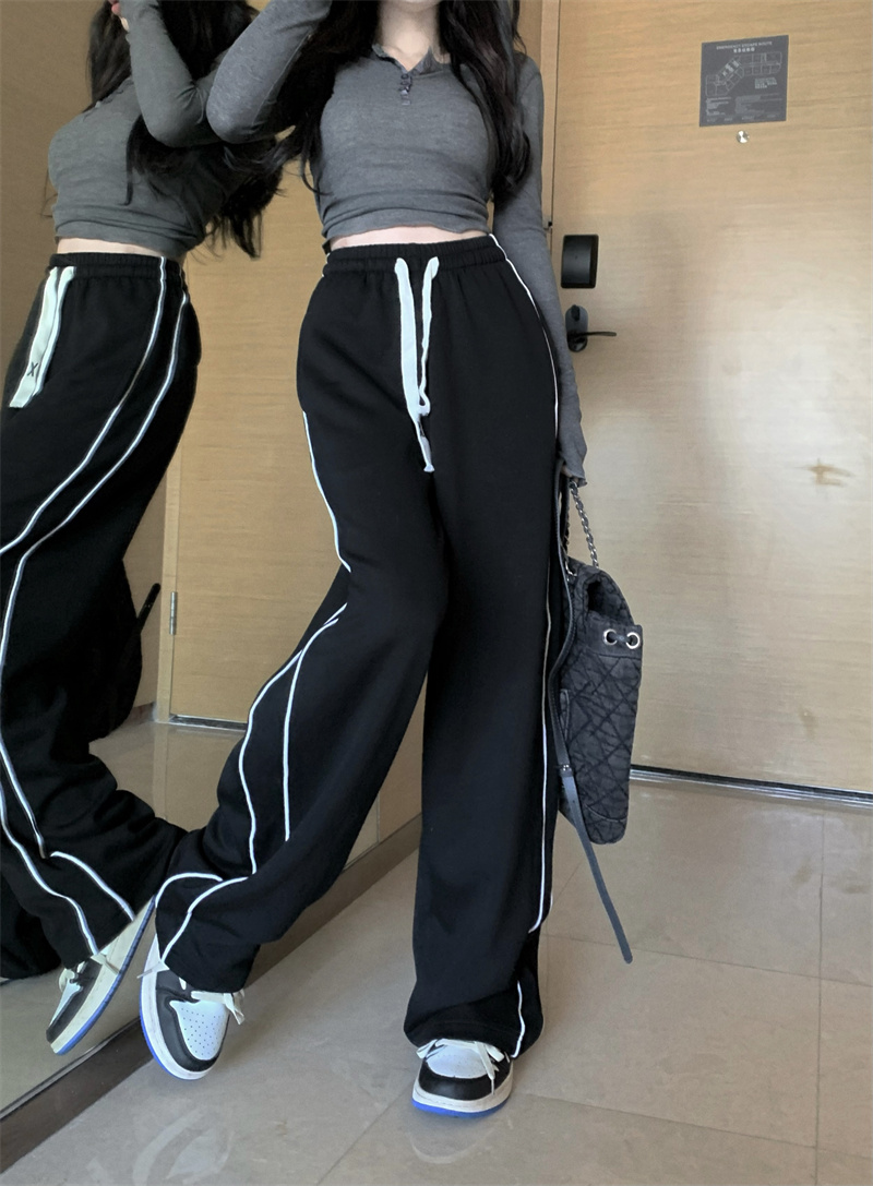 實拍~美式闊腿運動褲女鬆緊腰抽繩顯瘦休閒寬鬆直筒拖地褲子