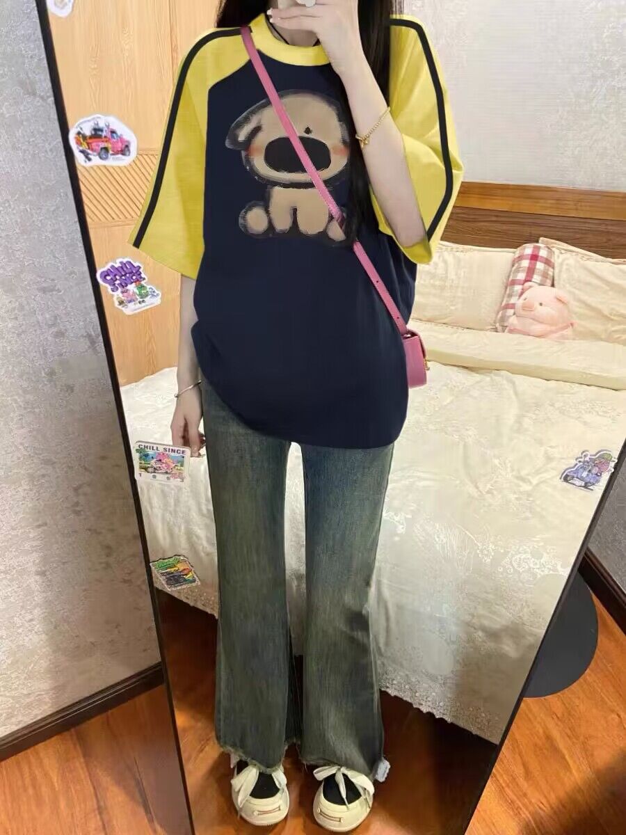 純棉200克21支精梳精密前 印花拼色三條槓落肩短袖t恤女