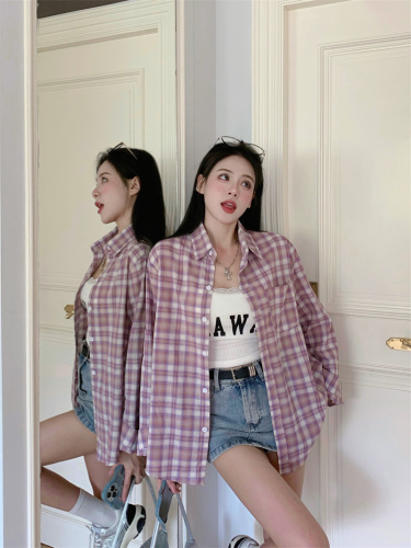 Actual shot of taro purple plaid shirt jacket for women with niche power style long-sleeved cardigan shirt