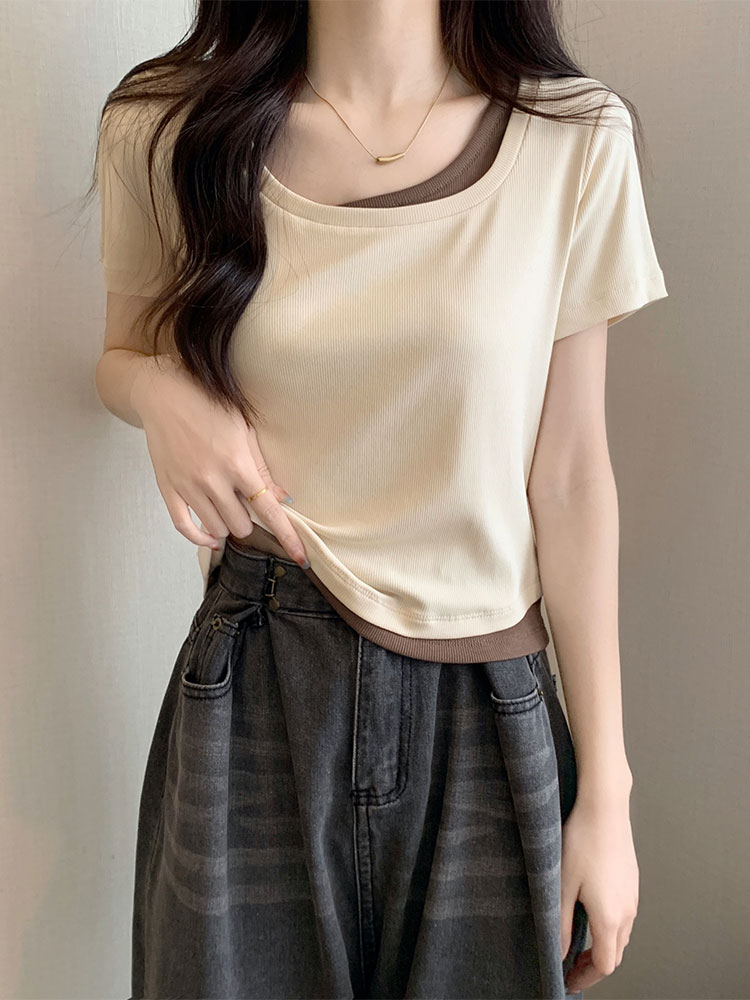 方領短袖t恤女裝夏季2024新款設計感小眾修身純欲假兩件短款上衣