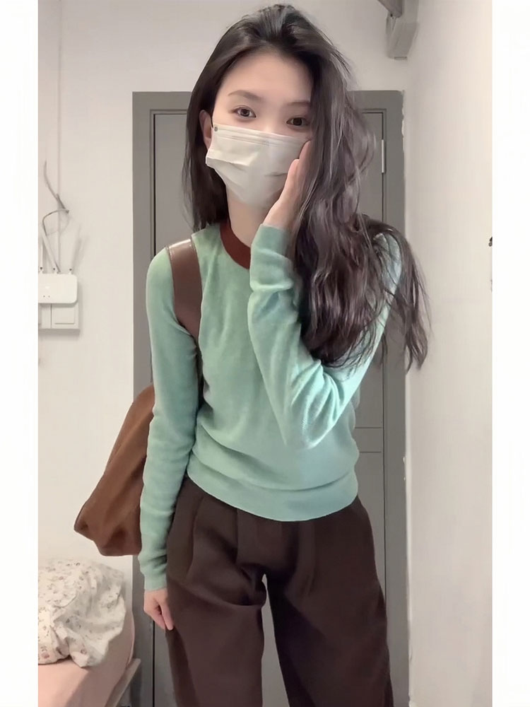 多巴胺穿搭韓系拼色薄荷綠針織衫女春秋季新款內搭打底衫長袖上衣