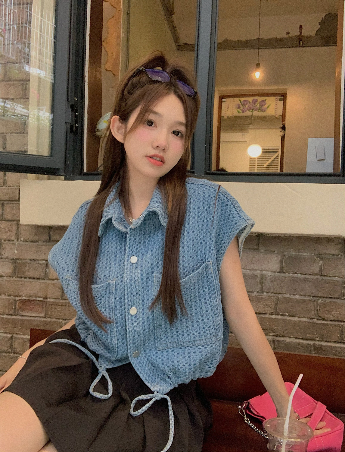 洗水牛仔新款 藍色牛仔馬甲女夏季復古翻領寬鬆外穿背心
