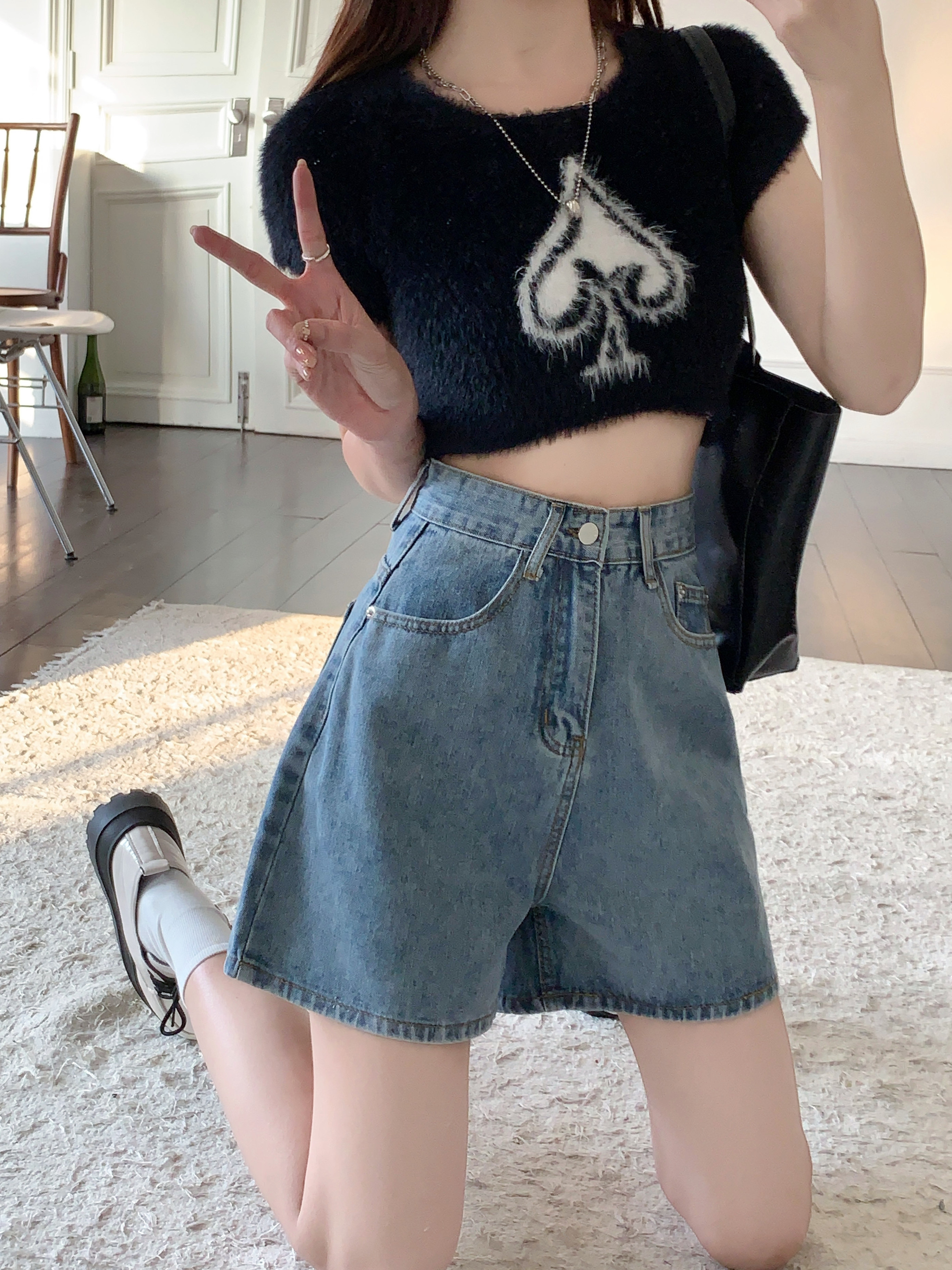 實拍# 牛仔短褲女夏季新款潮ins網紅高腰顯瘦百搭熱褲子