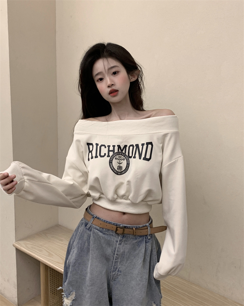 Real shot 2024 American ins casual short top loose one-line collar off-shoulder pullover sweatshirt for women trendy