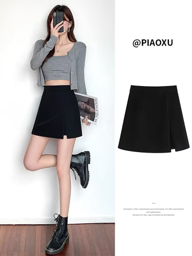 Black skirt for women spring, autumn and winter 2024 new high-waist slim hip-covering slit culottes suit a-line skirt