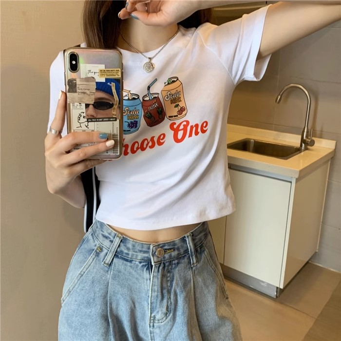 獨特别致新款韓版ins潮緊身修身飲料瓶短款高腰百搭T上衣女夏天潮