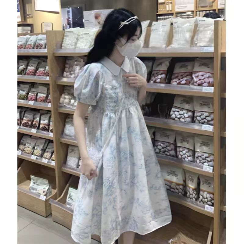 娃娃領碎花連衣裙女學生收腰顯瘦小個子氣質甜美中長裙