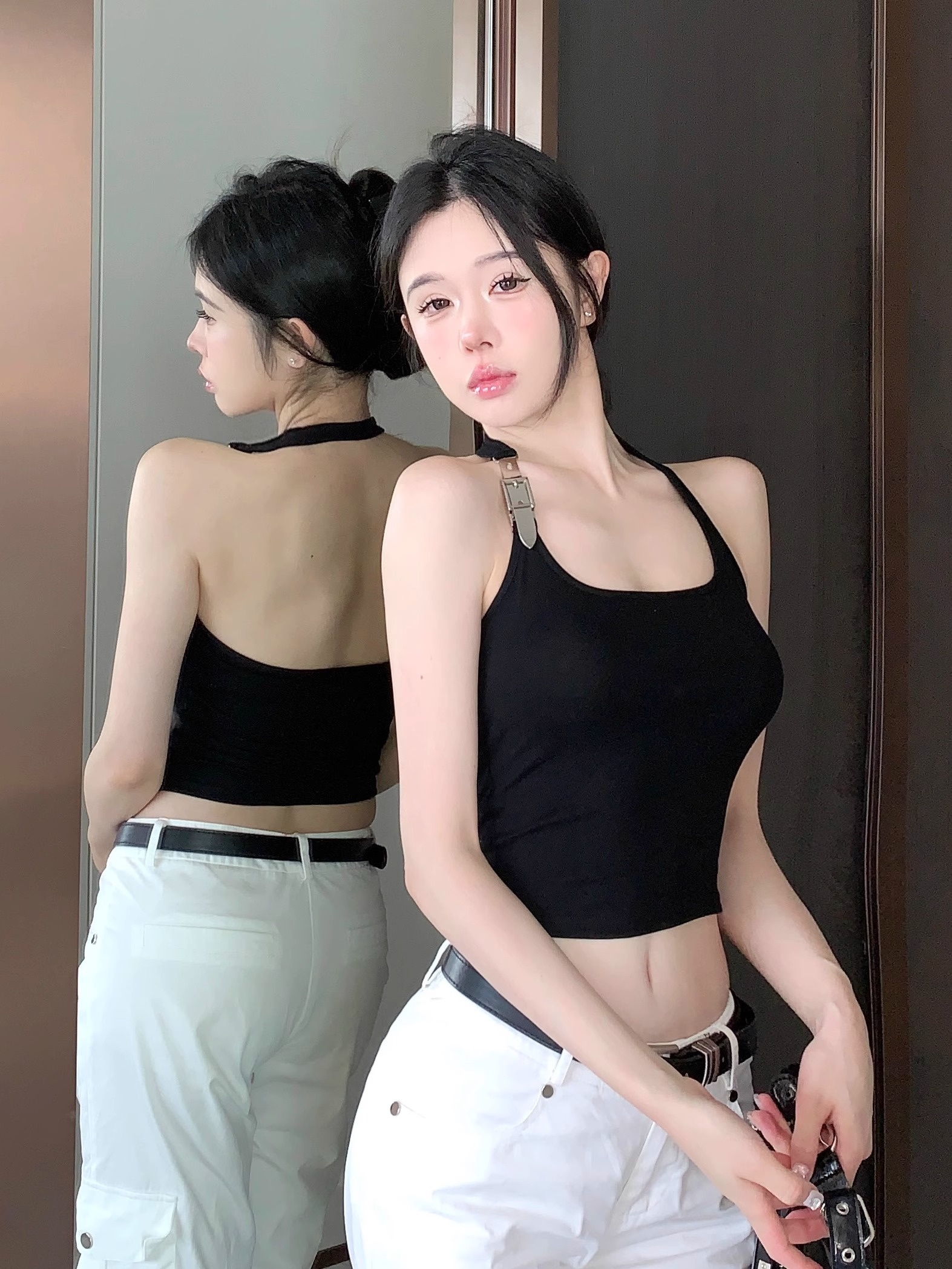 Official picture 40 count pure cotton rib 92 cotton 8 spandex vest suspender women's summer cool halter neck slim short top