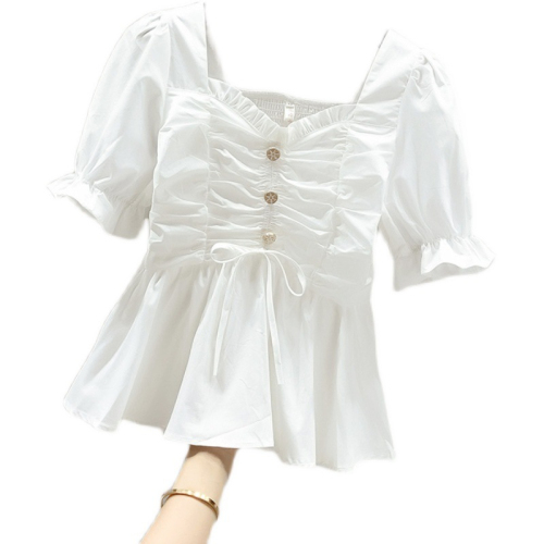 夏季2024年新款方领白色短袖法式高级感上衣收腰显瘦泡泡袖衬衫女