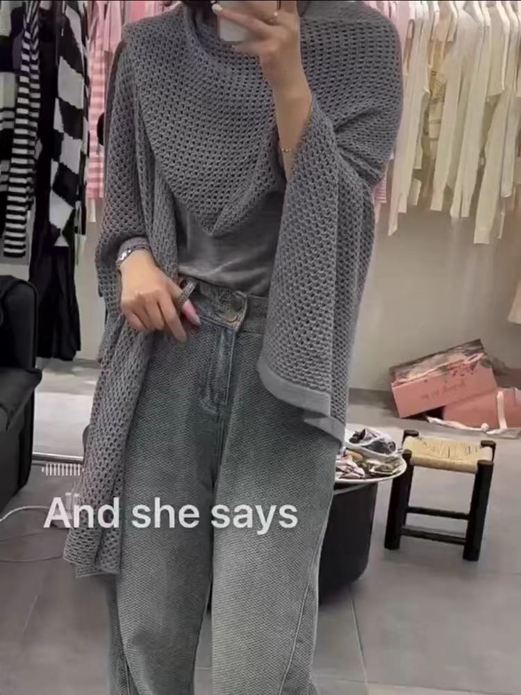 Internet celebrity cape shawl women's spring and summer solid color knitted cardigan with hollow scarf dual-purpose cape air-conditioning shirt