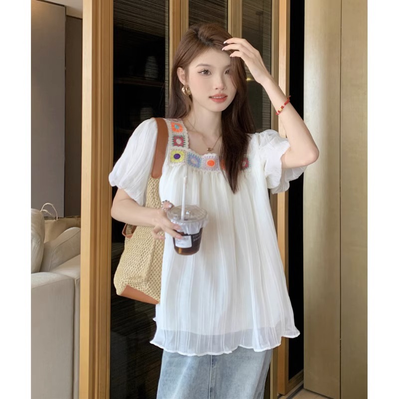 甜美減齡方領短袖襯衫夏季2024女裝法式復古泡泡袖別致設計感上衣