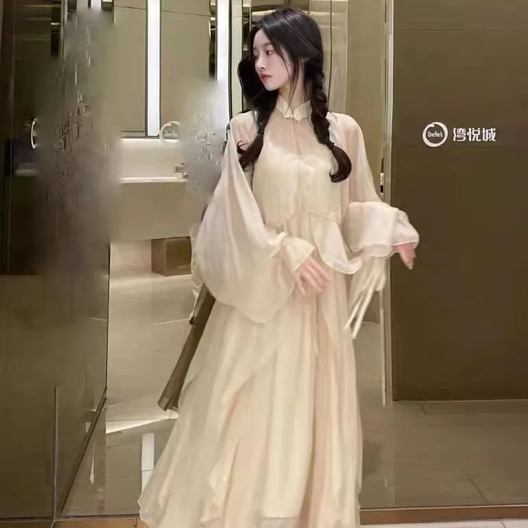 新中式國風連衣裙套裝女夏季氣質斗篷開衫上衣高級感荷葉邊吊帶裙