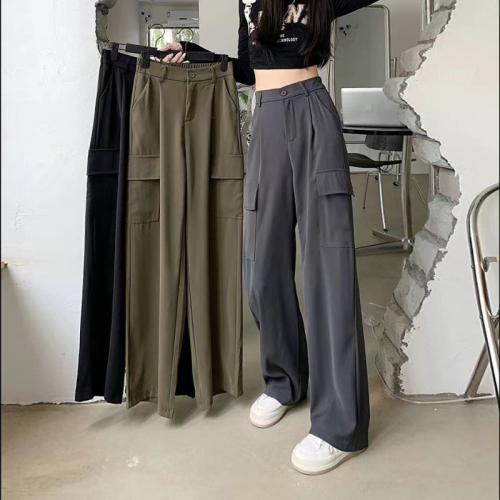 American retro all-match overalls for women in autumn high-waisted pocket casual pants slimming wide-leg suit pants