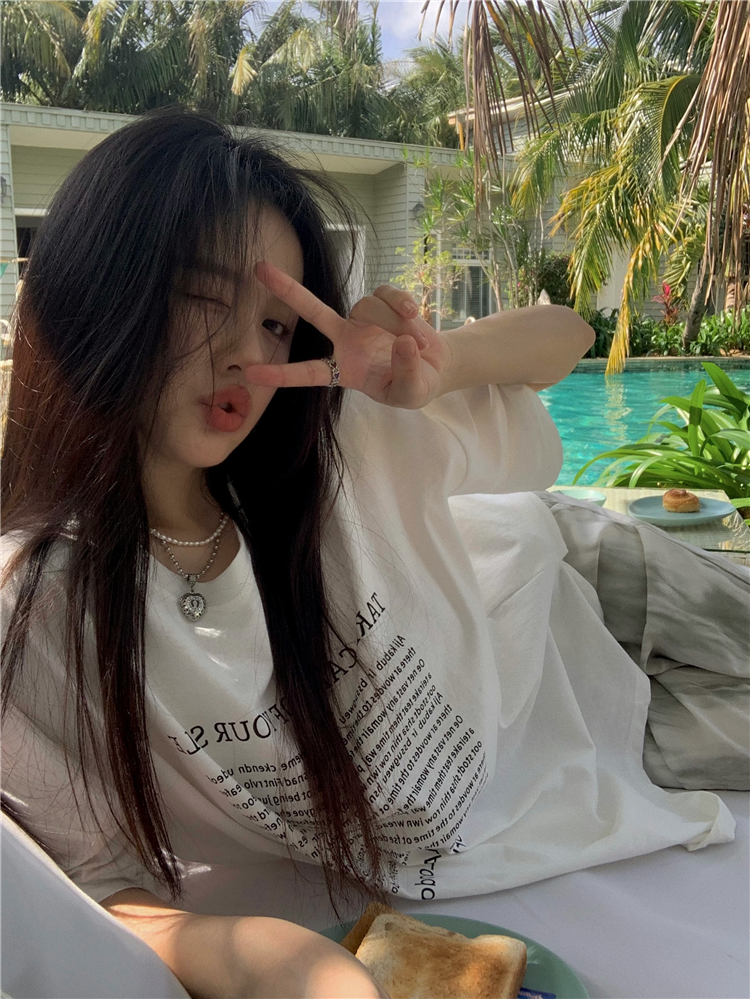 Real shot pure cotton mid-length short-sleeved T-shirt women's summer trend BF Harajuku loose versatile letter half-sleeved top
