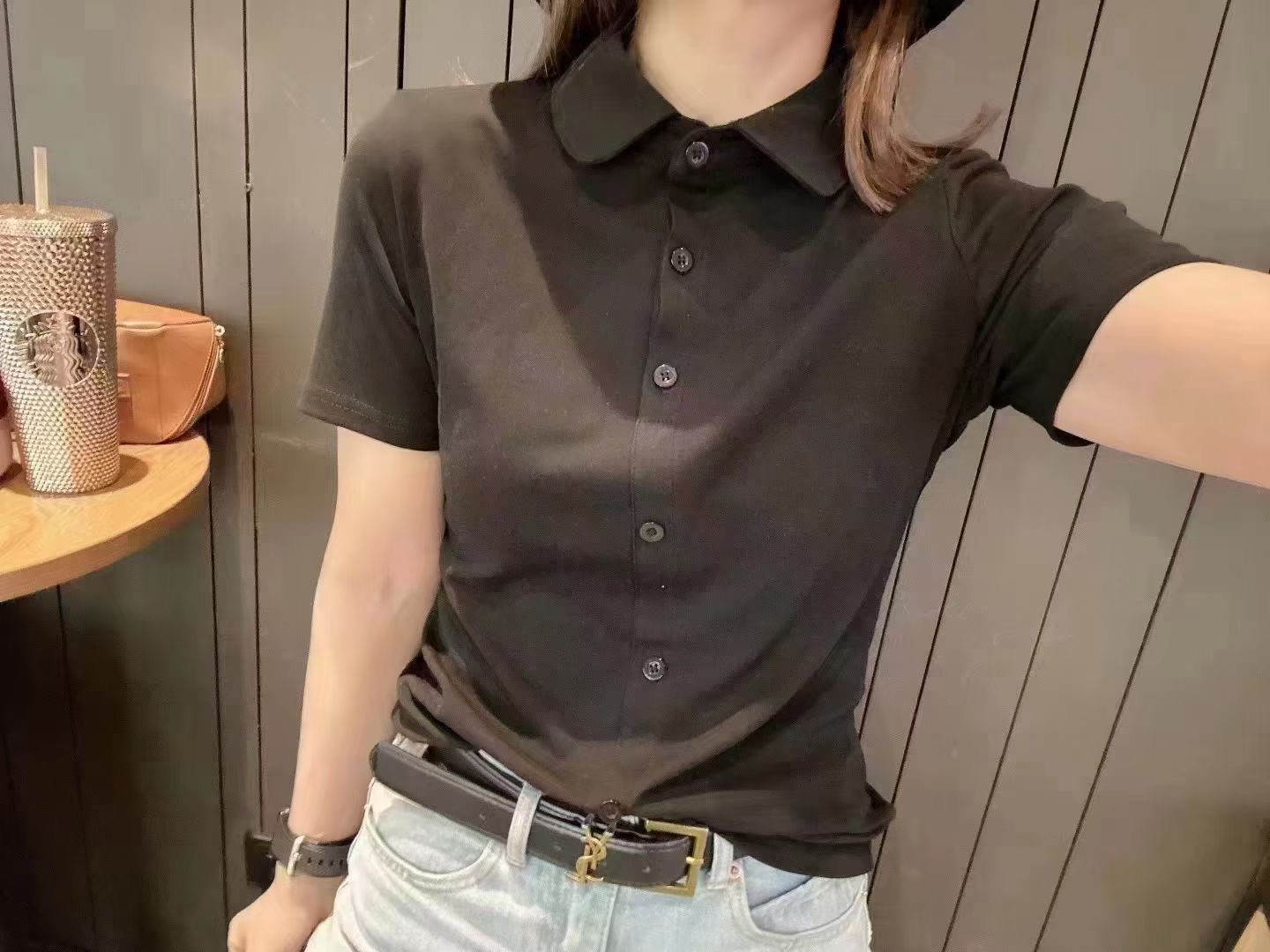 純色Polo衫t恤女2024年夏季新款簡約舒適百搭極簡風乾練短袖上衣