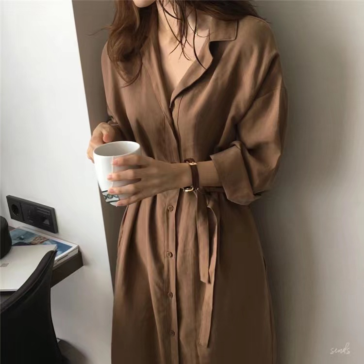 2024春秋新款法式襯衣裙子御姐氣質輕熟風女裝棕色打底襯衫連衣裙