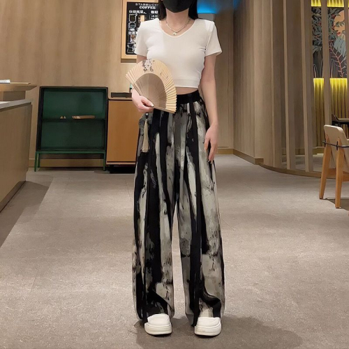 New national style series summer ice silk chiffon wide-leg pants for women, thin casual streamers, drapey straight-leg floor mopping pants