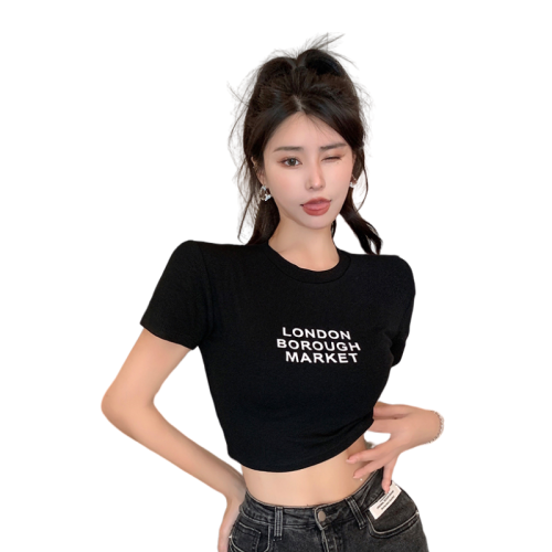 Actual shot of new summer sweet and spicy style short tops for short-sleeved printed t-shirts for women with slim design and ins trend