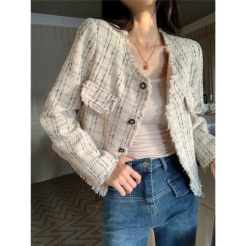 Spring 2024 new style retro style short French raw edge long-sleeved jacket cardigan top for women chic