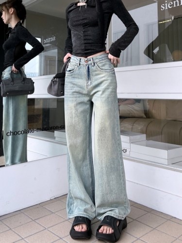 Actual shot #New loose straight denim trousers for women high waist washed design floor mopping wide leg trousers