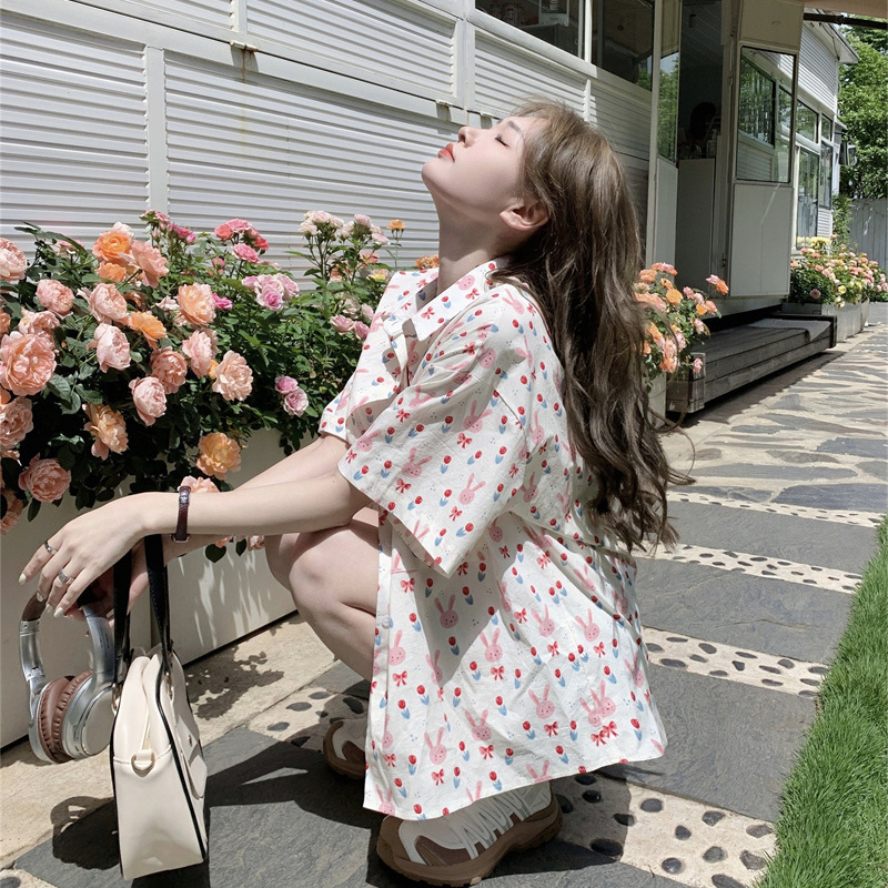 夏季寬鬆短袖印花襯衫女外穿復古法式甜美日系學生襯衣上衣女洋氣