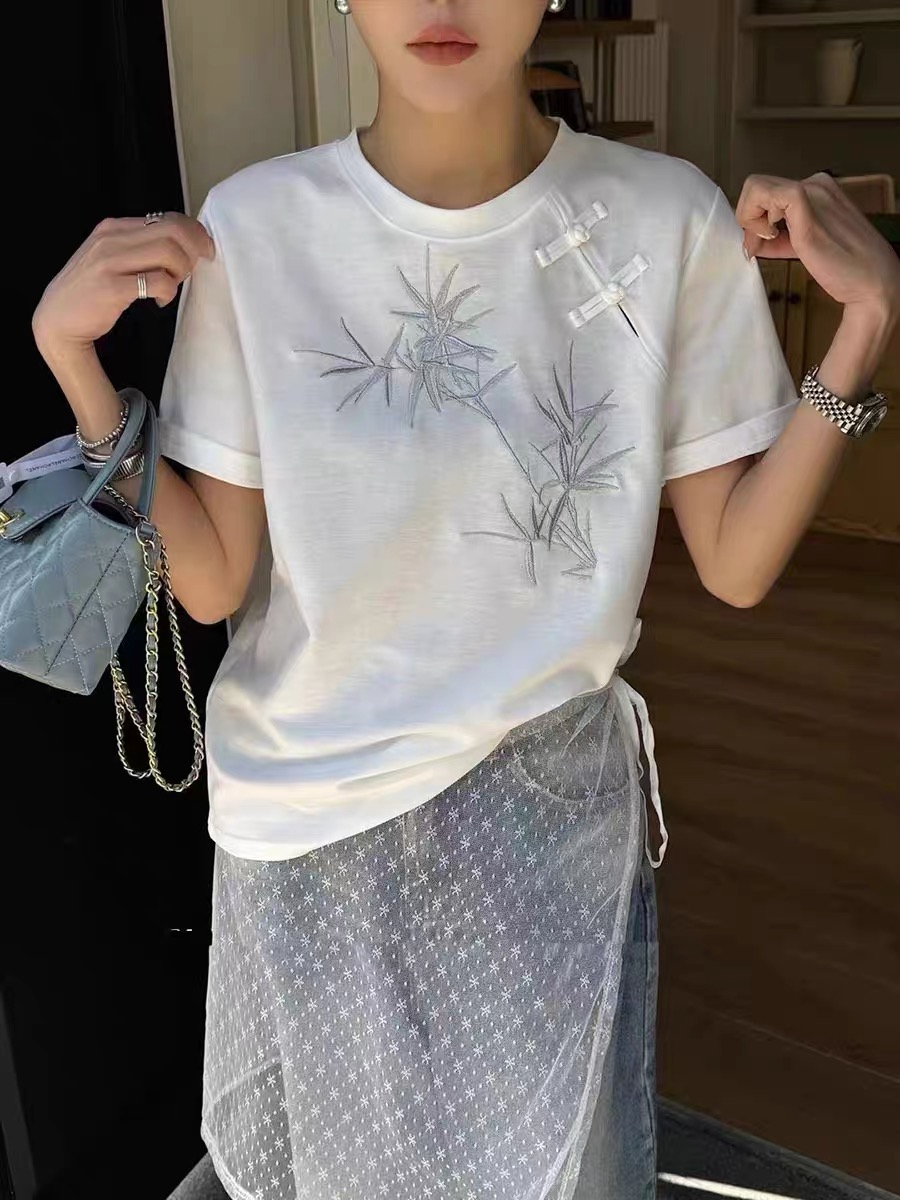 十三行女裝2024早春新款新中式國風刺繡竹子盤扣時尚顯瘦短袖T恤