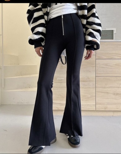 Korean new spring style solid color zipper crimped slit micro horn slim fit versatile style casual pants
