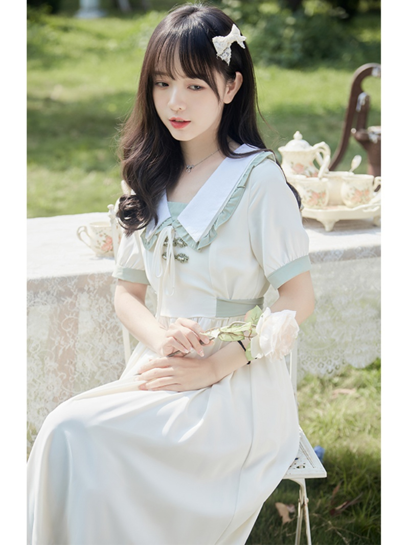 2024夏季娃娃領系帶連衣裙女新款學生寬鬆超仙花邊a字裙ins