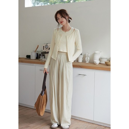 MISAZ feels airy and light!  Summer loose pleated trousers, high waist slimming, elastic waist wide leg trousers
