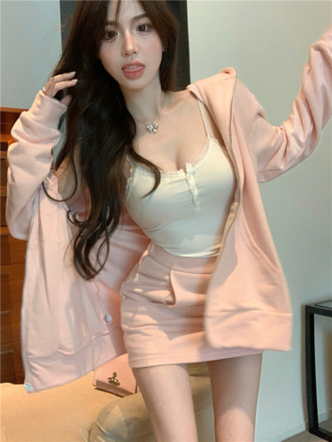 Real shot!  Korean sweet suit, long-sleeved hooded sweatshirt, jacket, hip-covering skirt, two-piece set