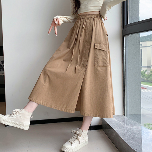 Real shot of college style Tencel cotton American retro high waist drawstring hot girl workwear skirt women's mid-length skirt