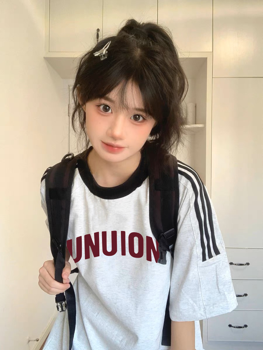 國潮牌撞色三條槓短袖t恤女夏季設計感小眾純棉寬鬆慵懶圓領上衣