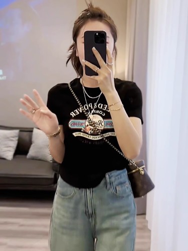 美式字母摩托黑色短袖T恤女夏季新款韩版修身显瘦短款上衣