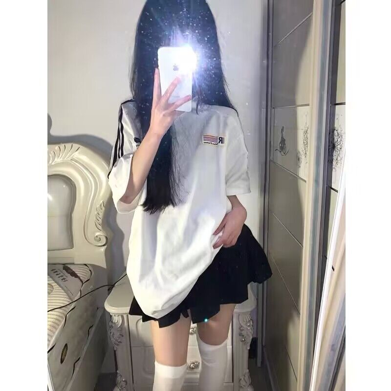 純棉200克21支精梳精密直播品質前 印花三條槓落肩短袖t恤女