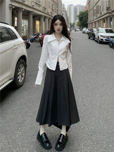 Actual shot # Pure Desire Sexy Small Slit Waist Shirt Mid-Length Elegant Gray Skirt