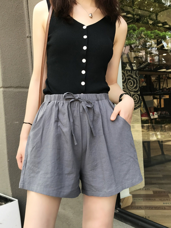棉麻休閒短褲女大碼闊腿褲居家沙灘熱褲夏季寬鬆高腰運動五分褲子