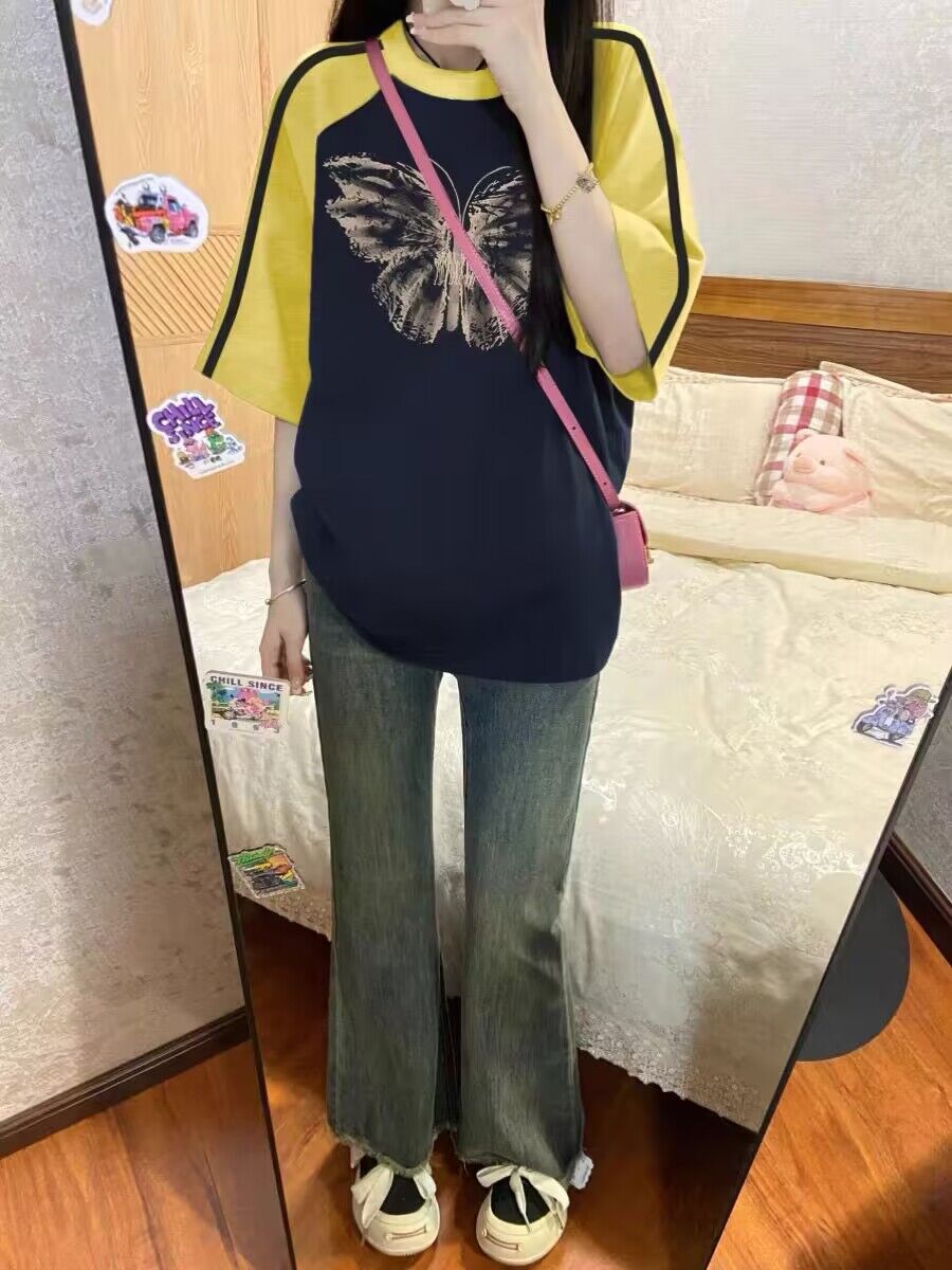 純棉200克21支精梳精密前 印花拼色三條槓落肩短袖t恤女