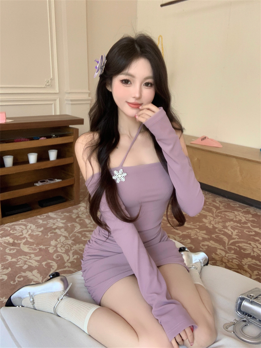 Real shot~Pure desire suspender dress for women summer long-sleeved sexy one-shoulder waist tight hip-hugging short skirt
