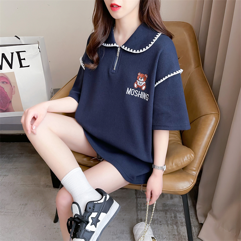 Real shot original quality summer Korean version loose waffle doll collar solid color large size short-sleeved T-shirt for women