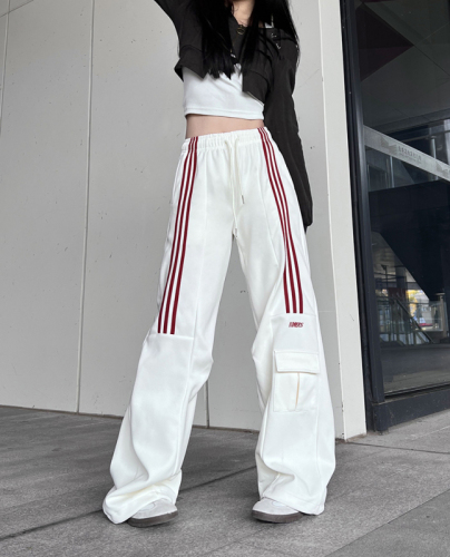 Real shot of Chinese cotton composite three stripes spring American retro casual sports pants high waist loose wide leg pants
