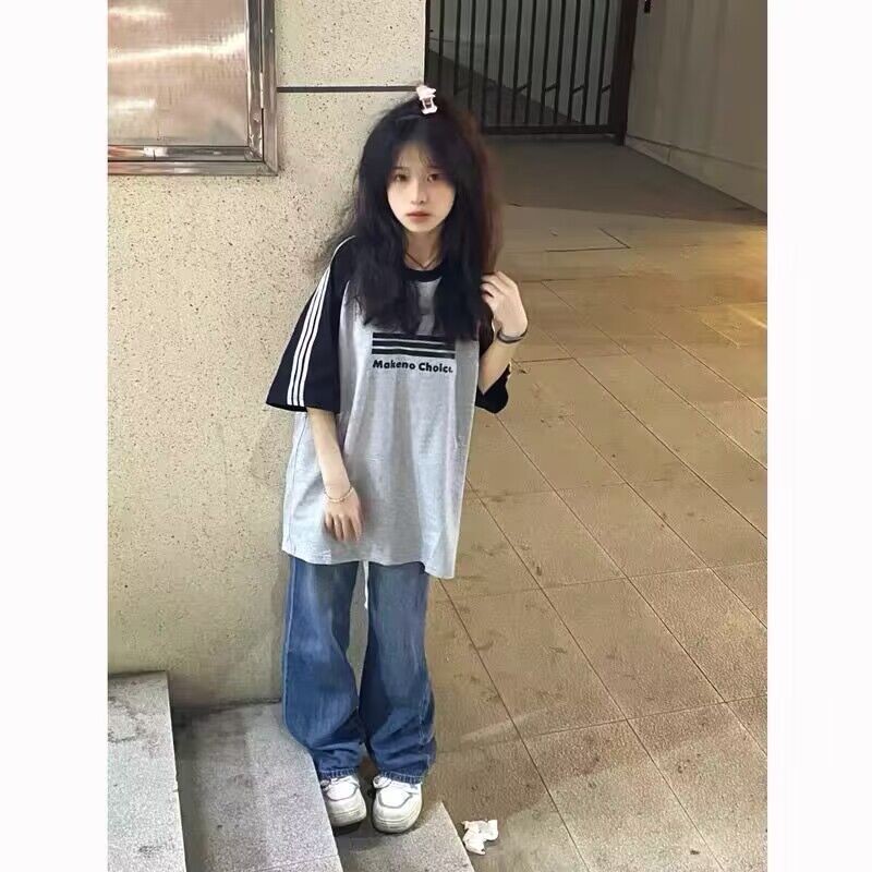 純棉200克21支精梳精密前 印花拼色三條槓落肩短袖t恤女