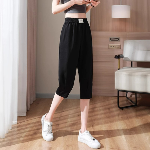 Ice silk cropped pants for women summer 2024 new thin women's pants high waist slim black pants casual harem pants