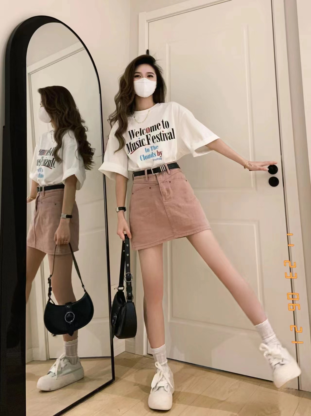 200g combed compact offspun pure cotton back strip Spring and summer loose right shoulder printed short-sleeved T-shirt