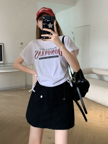 Official photo, short-sleeved T-shirt for women, new summer letter print drawstring pleated bottoming shirt, short slimming top
