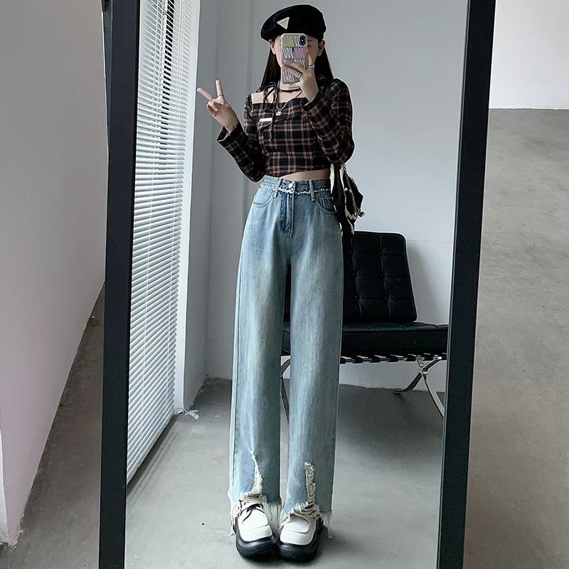 實拍#大碼女裝顯瘦破洞九分褲女毛邊流蘇梨型遮胯直筒闊腿牛仔褲