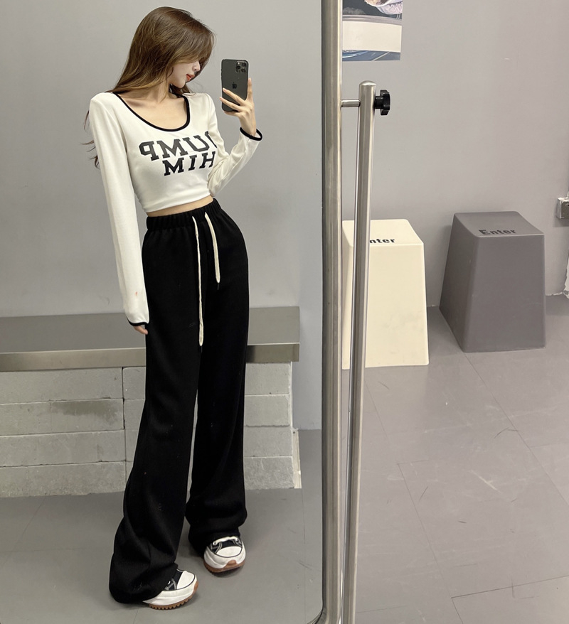 Straight-leg sports pants for women in spring and summer new style drapey high-waisted wide-leg long pants drawstring lazy loose casual sweatpants