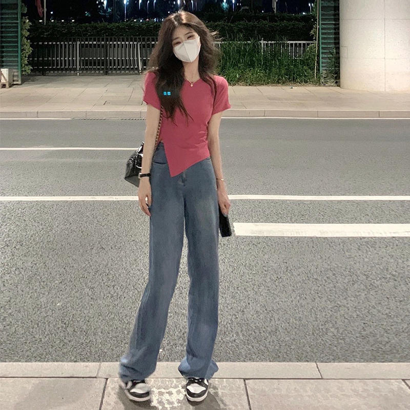 辣妹修身設計感小眾不規則粉色短袖t恤女夏2024正肩甜辣短款上衣
