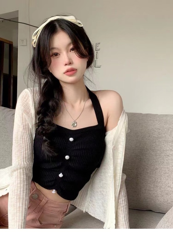 夏季新款褶皺短款珍珠吊帶背心女外穿性感針織無袖性感打底衫